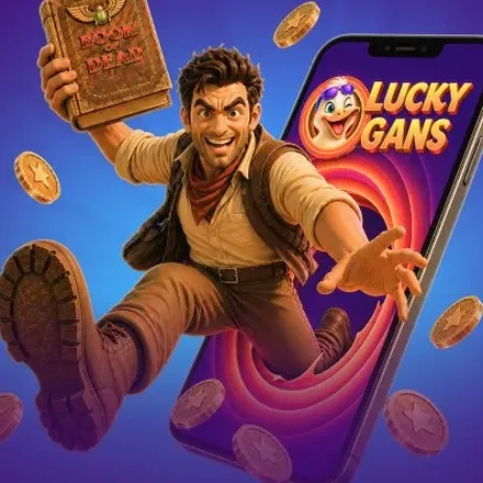 Avonturier met telefoon uit de LuckyGans app-banner